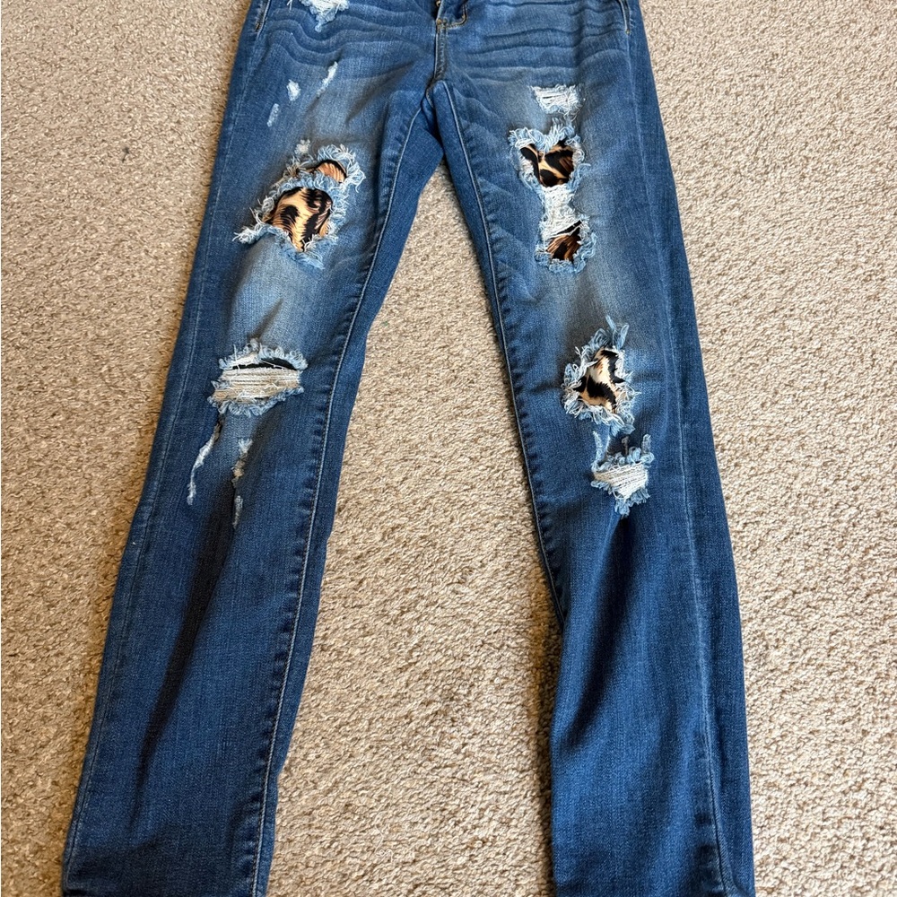 Judy Blue Distressed Skinny Jeans with Leopard Patch Details — Dark Blue